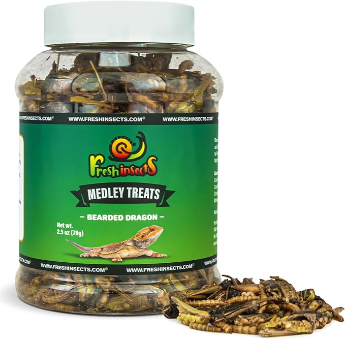 Medley Treat Bearded Dragon Food - Freeze Dried Mealworms, Grasshoppers, Crickets, Quality Tested, Vitamin & Calcium Enriched, Essential Proteins, Fats & Minerals - for Bearded Dragons, Reptiles 6 oz