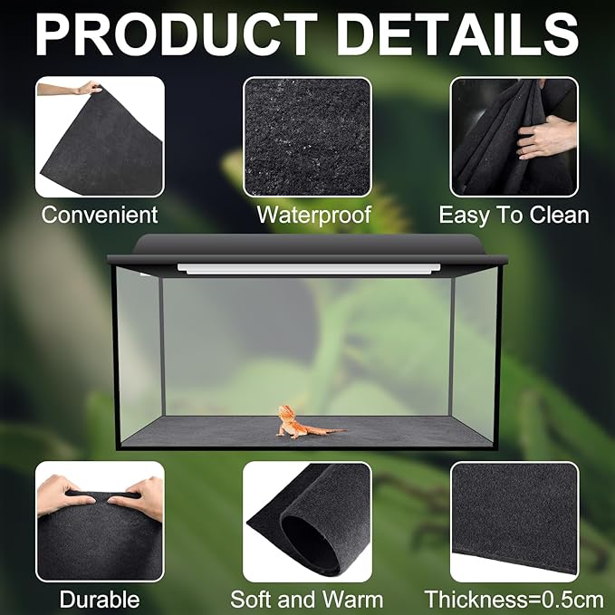 4 Pcs Reptile Carpet Pet Terrarium Floor Liners Bedding Substrate Liner Supplies Reptile Cage Mat Tank Accessories for Lizard Bearded Dragon Tortoise Snake Leopard (Black,47 x 24 Inch)