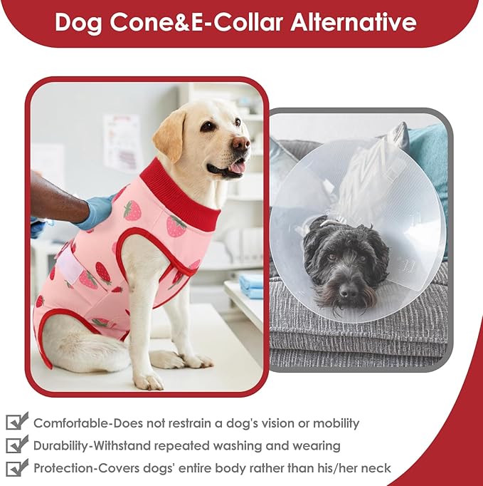 AOFITEE Dog Recovery Suit, Dog Surgical Recovery Suit for Female Dogs Male Dogs, Cozy Dog Onesie for Surgery, Cone E-Collar Alternative, Anti Licking Dog Surgical Shirt with Pee Hole, Strawberry L