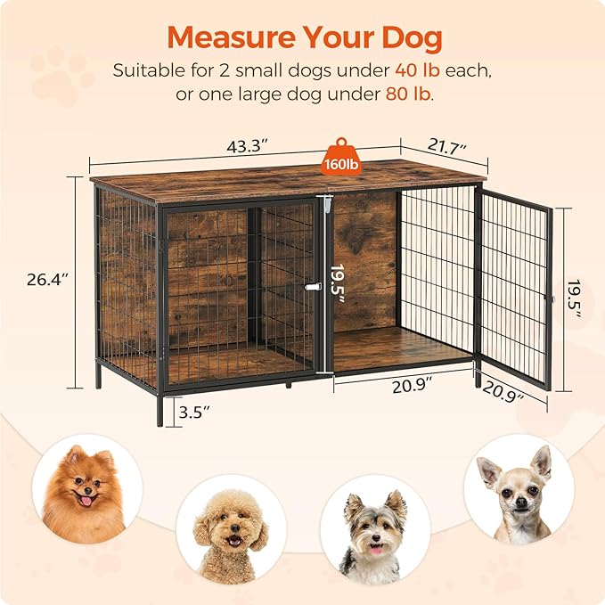 Dog Crate Furniture for 2 Dogs, 43.3" Dog Kennel with Removable Divider, Heavy Sturdy Dog Furniture Style Double Cage for Small Medium Dog, Indoor Dog House End Table, Rustic Brown DCHR1201