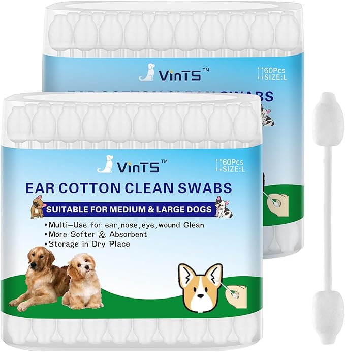 VinTS 120Pcs Cotton Dog Ear Cleaning Swabs,2 Pack Dog Ear Infection Treatment Gourd-Shaped Ear Swabs,Safer Cleaning for Dogs and Cats L Size 100% Cotton