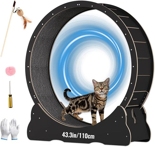 Cat Wheels for Indoor Cats. Extra Large Diameter Cat Treadmill. Made of Natural Solid Wood. Inside Diameter 40in/100cm. Including Installation Tools and Cat Teaser. (Black)