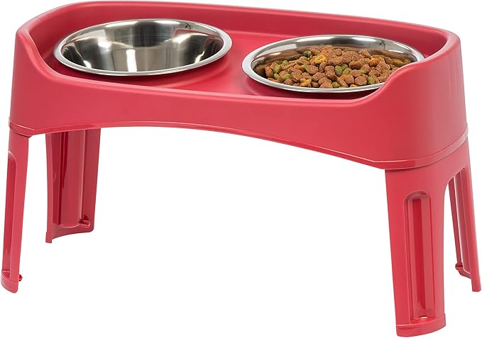 IRIS USA Elevated Dog Bowls, Adjustable Height, 2 Thick 64 oz Stainless Steel Bowls, Spill-Proof with Raised Outer Rim, Durable Made in USA Plastic, Easy Assemble, 2 Heights 4.63" or 12.25" Red