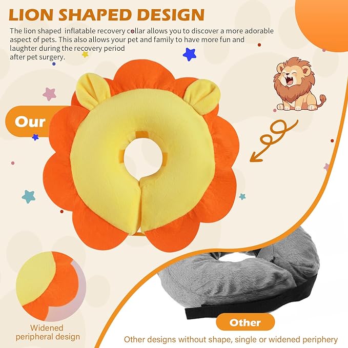 IEUUMLER Inflatable Recovery Dog Collar, Protective Donut Cone, Adjustable Soft Collar for Dog and Cat After Surgery Prevent from Biting & Scratching EU002 (L (Neck:11.8"-16.1"), Orange Lion)