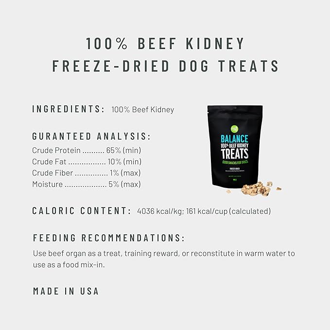 Freeze Dried Superfood 100% Beef Kidney Dog Treats, 4 Ounce Bag, Single Ingredient Organ Meat, High Protein, Immune Health, Muscle Repair, Grain Free, Gluten Free, Made in USA