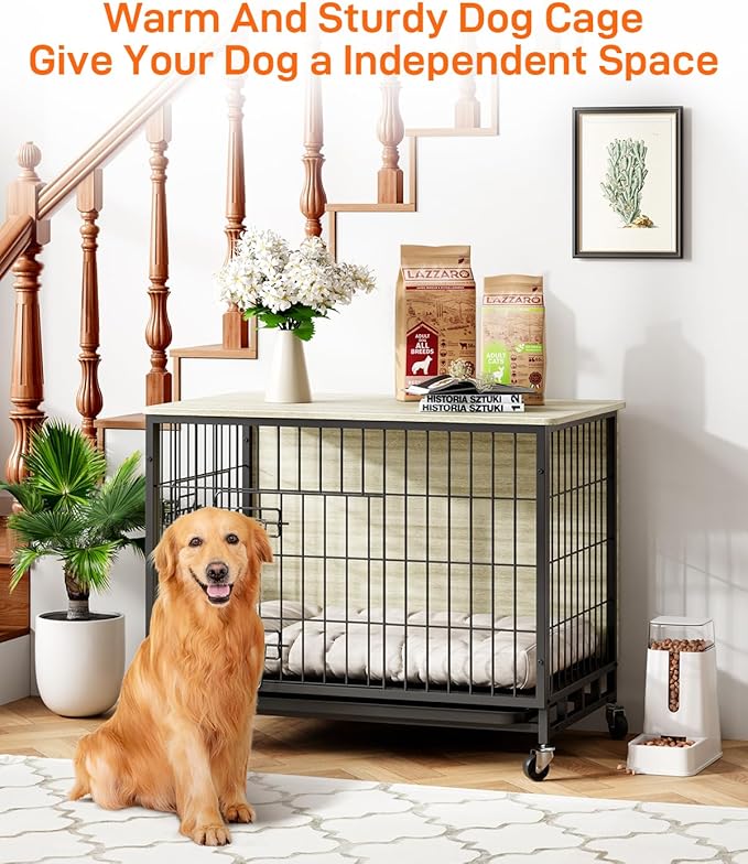 Dog Crate Furniture, 2024 Deluxe Wooden Dog Kennel with Removable Tray and Wheels, Heavy-Duty Double-Doors 27.2" Dog Cage End Table, Indoor Dog House for Large Dogs (Grey & Black, Small)