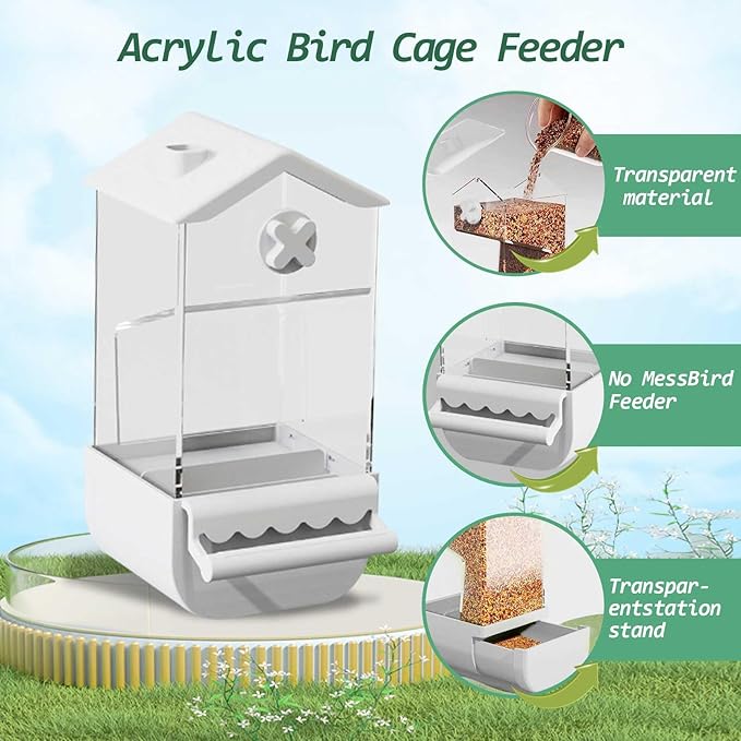 No Mess Bird Feeder for Cage 5Pcs Automatic Parrot Feeder Transparent Acrylic Seed Food Container Cage Accessories with Ball Toy for Small and Medium Parakeets Lovebirds Canaries (White)