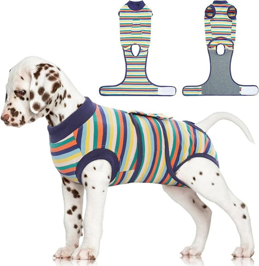 FUAMEY Recovery Suit for Dogs After Surgery,Soft Breathable Dog Bodysuit E-Collar & Cone Alternative Surgical Suit,Male Female Dog Neuter Spay Suits Anti Licking Wounds Onesie Dark Blue Stripes S