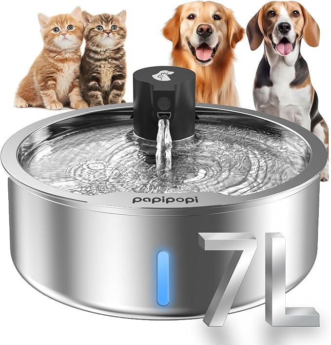 Stainless Steel Dog Water Fountain, 7L/1.8G/236oz Pet Water Fountain for Large Dogs & Multi-Cats, Dog Water Bowl Dispenser with Quiet Water Pump and 3 Replacement Filters