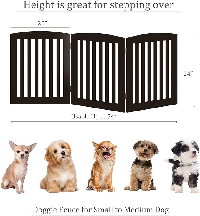 PAWLAND Wooden Freestanding Foldable Pet Gate for Dogs, 24 inch 3 Panels Step Over Fence, Dog Gate for The House, Doorway, Stairs, Extra Wide (Espresso, 24" Height-3 Panels)