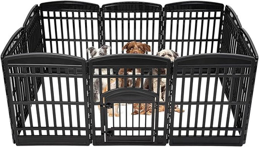 IRIS USA Dog Playpen, 10-Panel 35" Pet Playpen with Door, Indoor/Outdoor Dog Pen, 63 x 63 x 35, Foldable, Customizable, Black