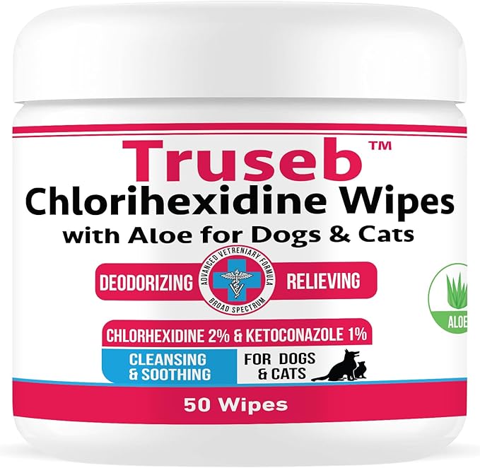 Truseb Topical Ketoconazole and Chlorhexidine Wipes for Dogs, Cats and Horses - with Aloe for Cleansing - 50 count (Ketoconazole & Chlorhexidine Wipes, 50 count)