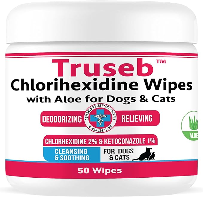 Truseb Topical Ketoconazole and Chlorhexidine Wipes for Dogs, Cats and Horses - with Aloe for Cleansing - 50 count (Ketoconazole & Chlorhexidine Wipes, 50 count)