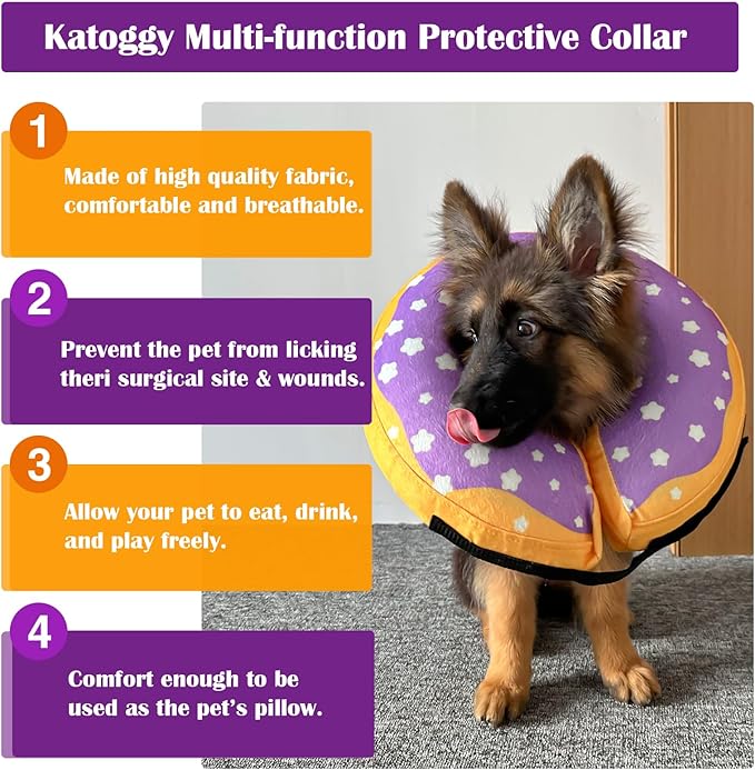 Katoggy Inflatable Dog Cone Collar for Dogs After Surgery, Soft Adjustable Blow up Donut Dog E-Collar for Small Medium Large Dog and Cats