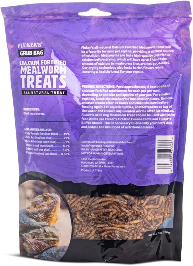 Fluker's Grub Bag All Natural Calcium Fortified Mealworm Treats, Packed with Protein, Rich in Nutrients, A Reptile Favorite, 3 oz