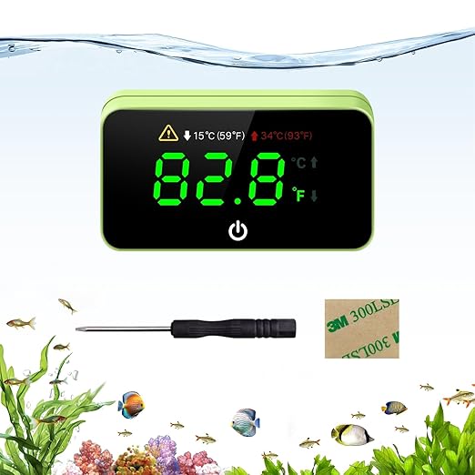 Digital Aquarium Thermometer, Stick-on Fish Tank Thermometer with LED Display, Wireless Aquarium Temperature Measurement with Battery-change Tool and Extra Sticker. (Green*1)