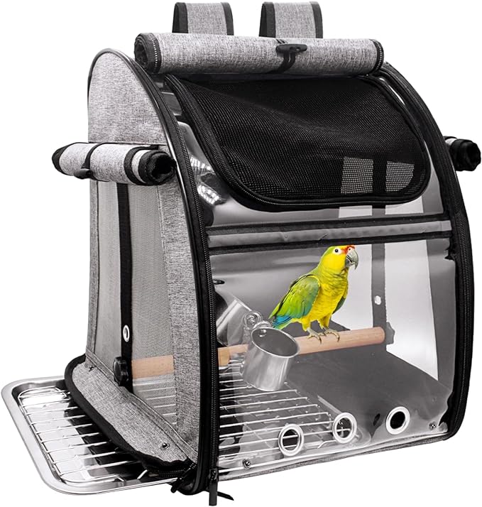 Bird Carrier Bag with Perch, Bird Travel Carrier Backpack with Stainless Steel Plate and Mesh, Portable Transparent Bird Travel Cage with Feeder Cups for Small Birds Parakeet Parrot