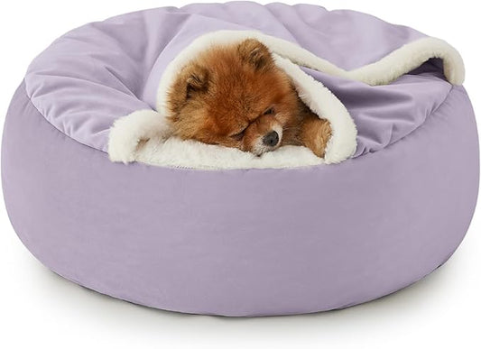 Lesure Small Dog Bed with Cover Cave - Covered Round Puppy Bed with Hooded Blanket, Machine Washable Burrow Pet Bed for Small Dogs and Cats, Cuddler Cozy Cave Dog Bed with Anti-Slip Bottom, Purple 23"