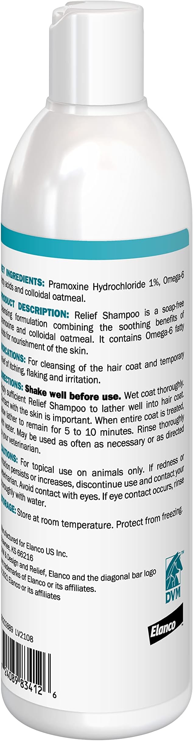 Elanco Relief Shampoo, temporary relief of itching and flaking, moisturizer for dry skin and coat, for dogs, cats and horses, 12 oz