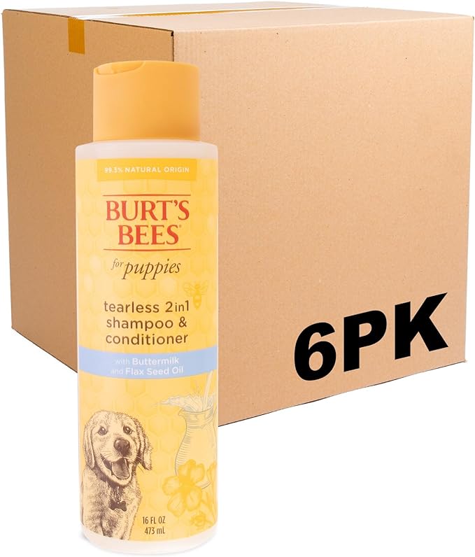 Burt's Bees for Pets Puppies Naturally Derived Tearless 2 in 1 Shampoo and Conditioner - Made with Buttermilk and Linseed Oil - Best Tearless Puppy Shampoo for Gentle Skin, 16 Oz - 6 Pack