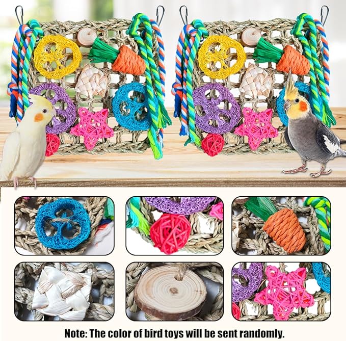 Parrot Toys, 2 Pcs Foraging Shredding Seagrass Wall for Birds, Seagrass Woven Climbing Hammock Mat with Colorful Chewing Toys for Lovebirds, Parakeets, Budgerigars, Conure, Cockatiel