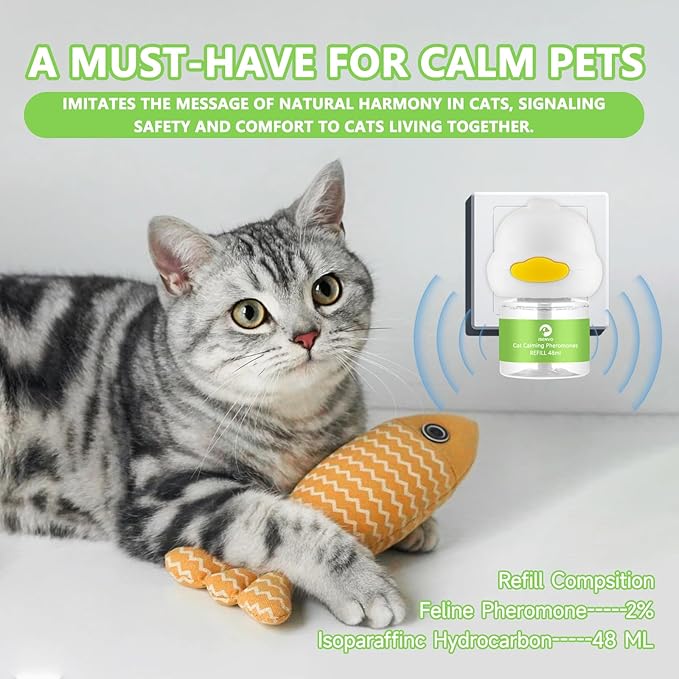 Cat Pheromones Calming Diffuser, 2 in 1 Cat Calming Starter Kit (Diffuser Head + 2pcs 48ml Vial) for 60 Days Use, Enhanced Cat Calming Diffuser Kit for Cat Anxiety Relief