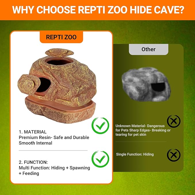 REPTI ZOO Gecko Hide Cave, 2 in 1 Snake Reptile Hideout for Hide & Rest & Breed & Feeding, Reptile & Amphibian Habitat Decor for Corn Snake, Small Snake, Ball Python, Crested Gecko, Leopard Gecko