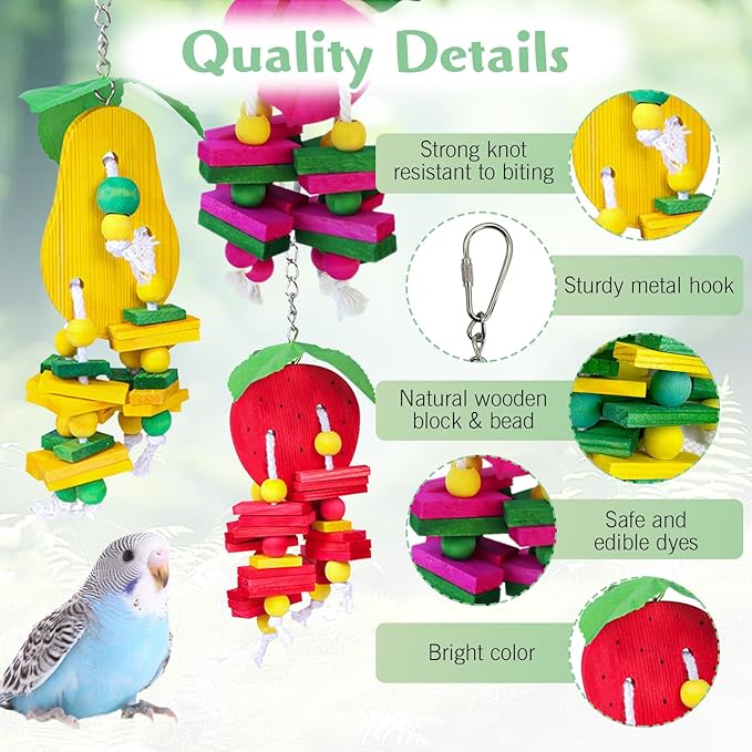 Hamiledyi 4 PCS Bird Toys Parrot Toys Multicolor Natural Wooden Block Bird Chewing Toys Parrot Cage Bite Toys for Conures Parakeets Cockatiels Lovebirds African Grey Macaws Amazon Parrots