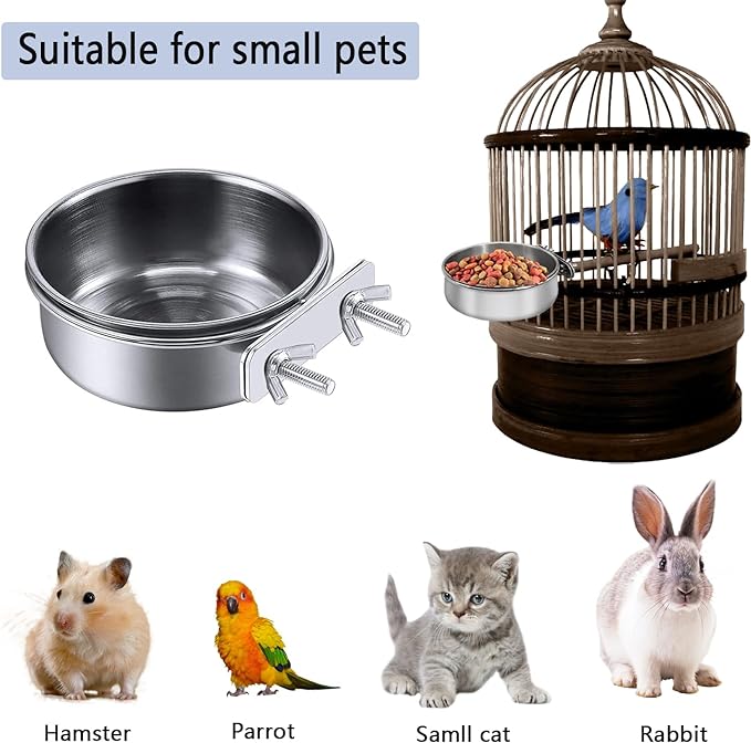 2 Packs Stainless Steel Bird Bowls with Clamp Holder, Bird Feeding Dish Cups Parrot Food Bowl Cage Small Pet Hanging Food Water Bowl for Parakeet Cat Rabbit Cockatiel Lovebirds Small Animal