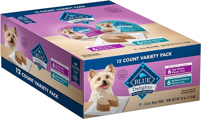 Blue Buffalo Delights Natural Adult Small Breed Wet Dog Food Cups, Pate Style, Grilled Chicken & Top Sirloin 3.5-oz (12 Pack- 6 of Each Flavor)