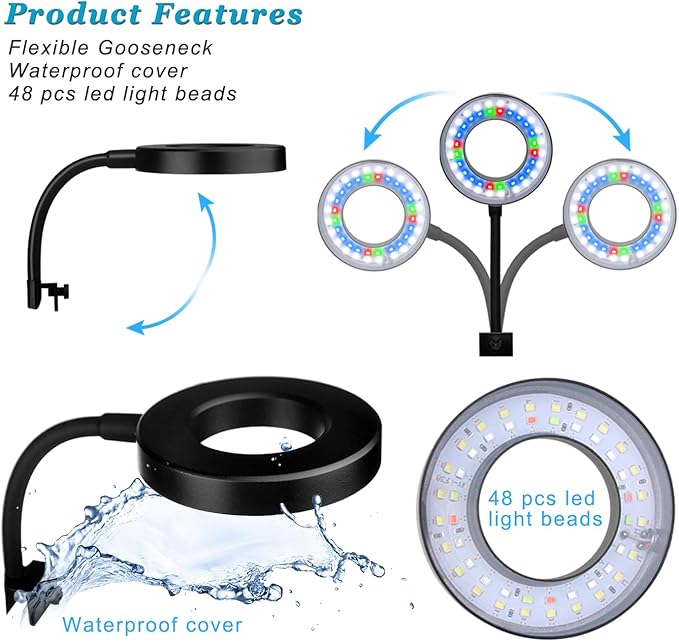 Clip On Aquarium Light with Timer for 1 to 3 Gal Fish Tank (Dimmable White+Blue+Red LED) USB Moving Lamp for Open Terrarium (Adapter NOT Included)