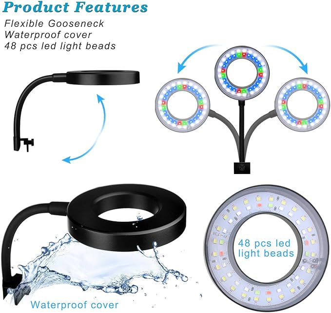 Clip On Aquarium Light for 1 to 3 Gal Fish Tank (Dimmable White+Blue+Red LED) USB Moving Lamp for Open Terrarium (Adapter NOT Included)