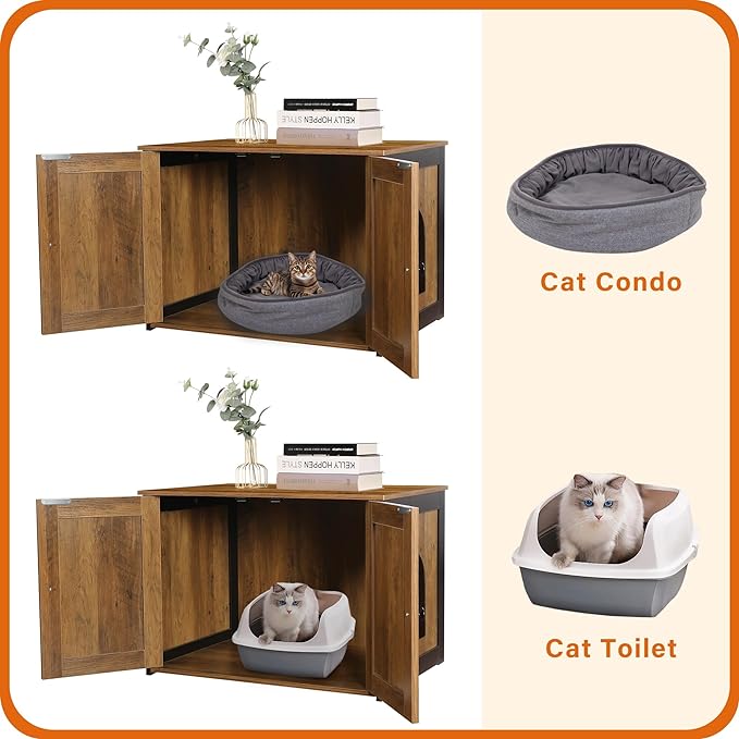 Dwanton Litter Box Enclosure, Cat Litter Box Furniture Hidden, Reversible Entrance Can Be on Left or Right Side, Wooden Cat Washroom Indoor, Fit Most of Litter Box, Warm Brown