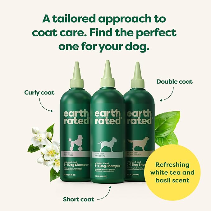 Earth Rated Coat-Specific 3-in-1 Short-Haired Dog & Puppy Shampoo, Conditioner & Deodorizer, Formulated to Moisturize and Tackle Shedding, Refreshing White Tea & Basil Scent, 16 oz.