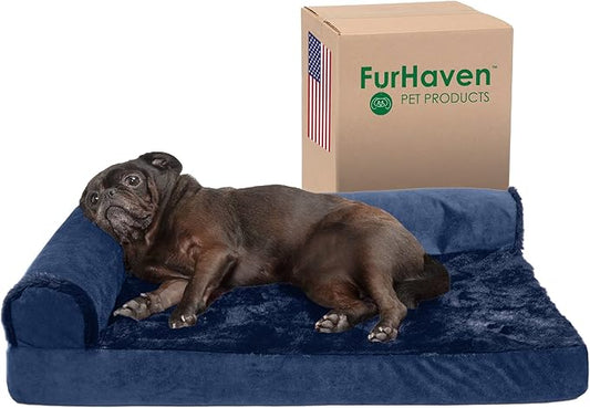 Furhaven Cooling Gel Dog Bed for Medium/Small Dogs w/ Removable Bolsters & Washable Cover, For Dogs Up to 35 lbs - Plush & Velvet L Shaped Chaise - Deep Sapphire, Medium