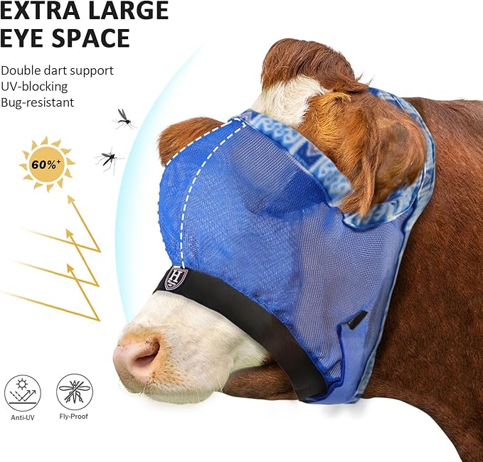 Harrison Howard Cattle Livestock Fly Mask Breathable Mesh Padded Edging with Fun Patterns Large Spacing Forelock Opening Design Adjustable Fit for Cattle Blue