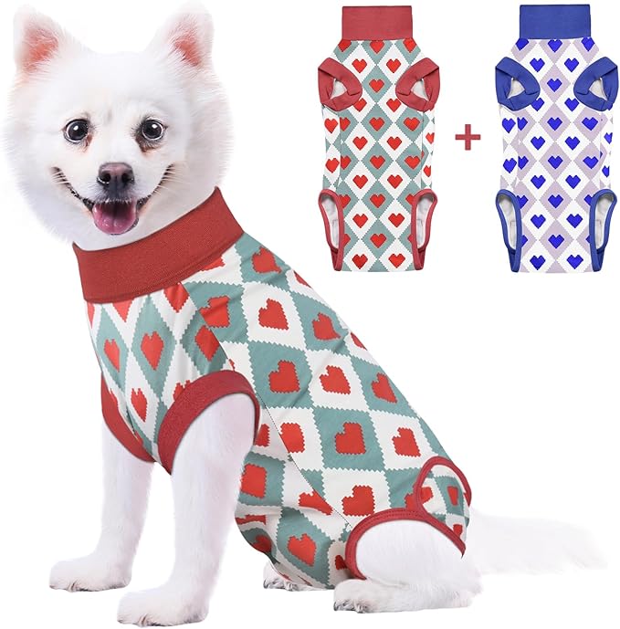 2 Packs Dog Recovery Suit Female Male, Red Heart + Blue Heart, S