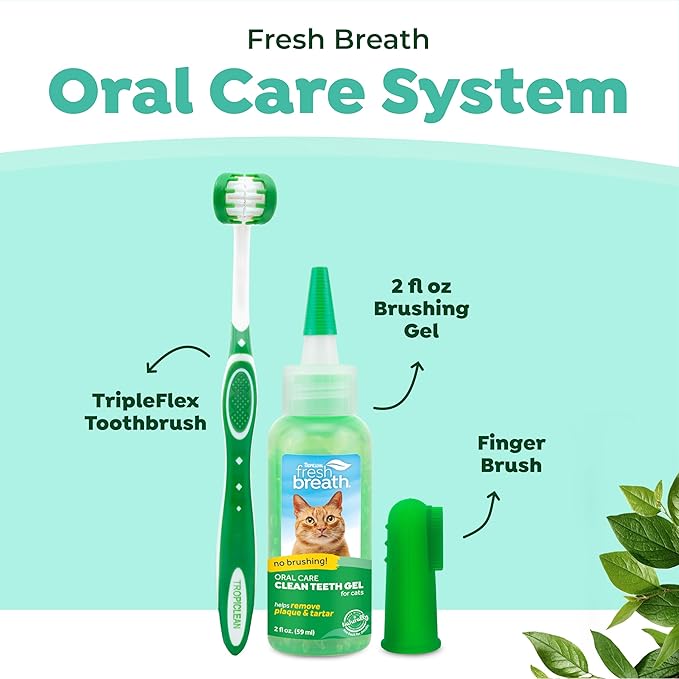 TropiClean Fresh Breath Plaque & Tartar Control Kit for Cats | Kit with Cat Toothbrush & Fingerbrush | Cat Teeth Cleaning Gel | Help With Bad Breath