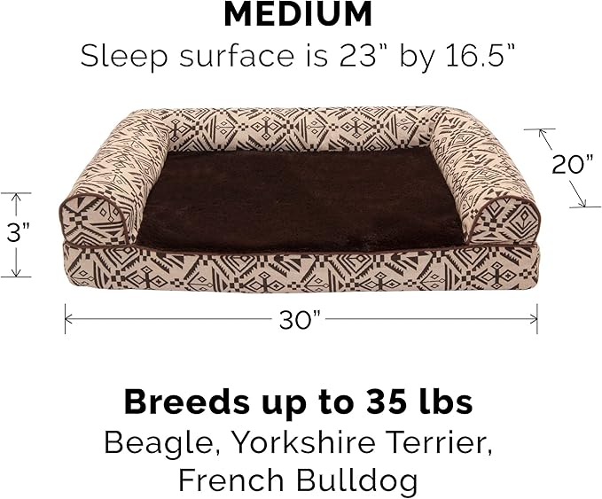 Furhaven Orthopedic Dog Bed for Medium/Small Dogs w/ Removable Bolsters & Washable Cover, For Dogs Up to 35 lbs - Plush & Southwest Kilim Woven Decor Sofa - Desert Brown, Medium