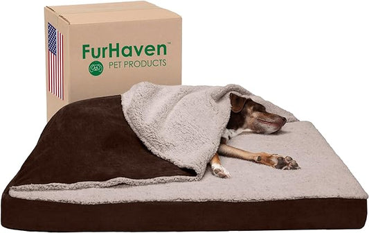 Furhaven Cooling Gel Dog Bed for Large Dogs w/ Removable Washable Cover, For Dogs Up to 95 lbs - Berber & Suede Blanket Top Mattress - Espresso, Jumbo/XL