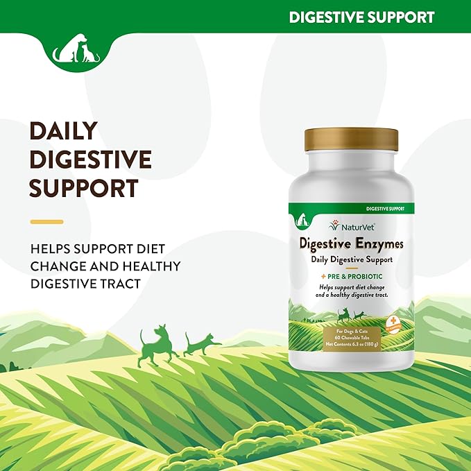 NaturVet – Digestive Enzymes - Plus Probiotics & Prebiotics – Helps Support Diet Change & A Healthy Digestive Tract – for Dogs & Cats (Chewable Tablets, 60 Count)