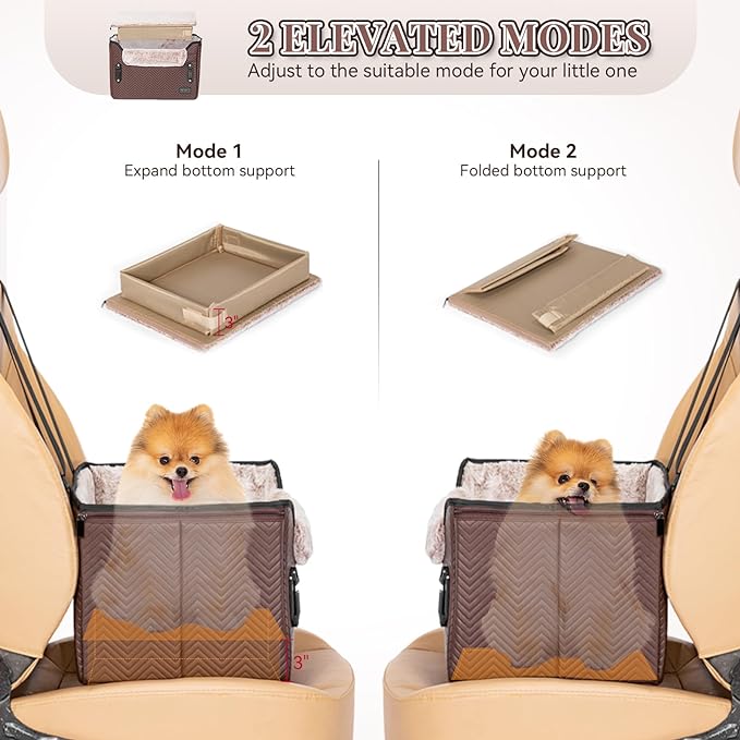 PETSFIT Car Seat for Dogs, Waterproof PU Leather Dog Car Seat for Small Dogs with Patent Safe Buckles, Clip-On Leash, Pet Travel Carrier Bed for Small Pets Up to 25lbs (Brown)