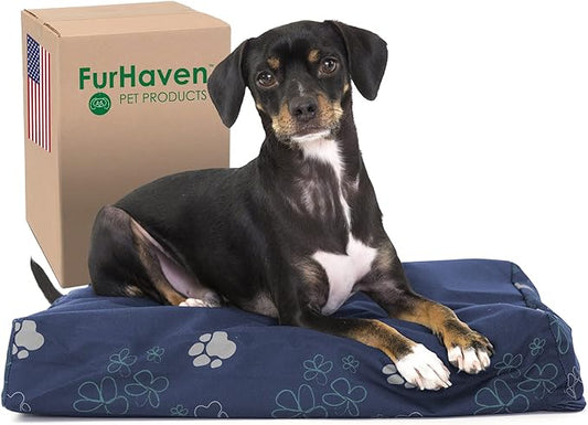 Furhaven Water-Resistant Orthopedic Dog Bed for Small Dogs w/ Removable Washable Cover, For Dogs Up to 20 lbs - Indoor/Outdoor Garden Print Mattress - Lapis Blue, Small