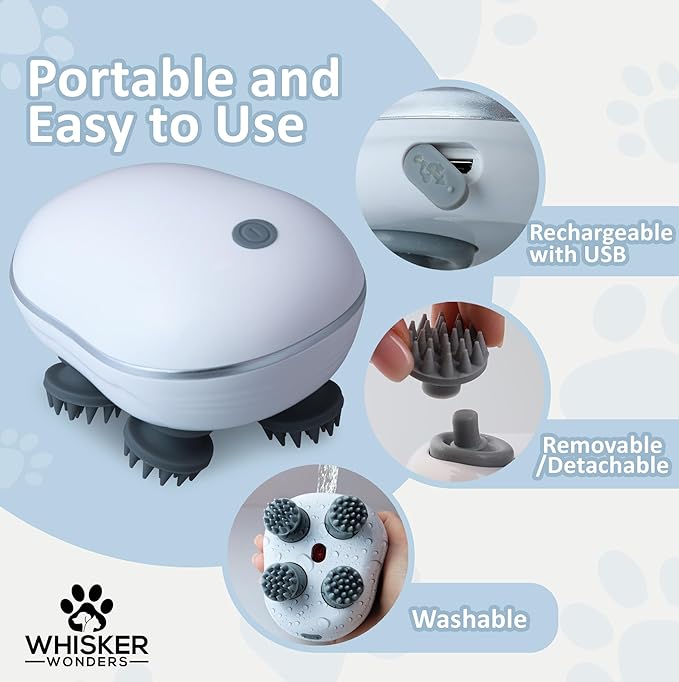 Scalp Massager Pet-Friendly Silicone Massage Brush - Soothing Head, Scalp and Body Scrubber for Pets - Cat Face Electric Sratchers - Gentle Grooming Tool for Ultimate Relaxation (White)