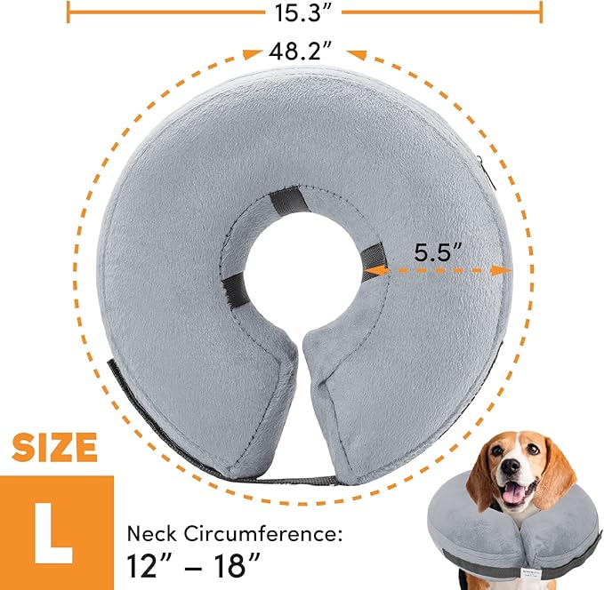 BENCMATE Protective Inflatable Collar for Dogs and Cats - Soft Pet Recovery Collar Does Not Block Vision E-Collar (Large, Grey)