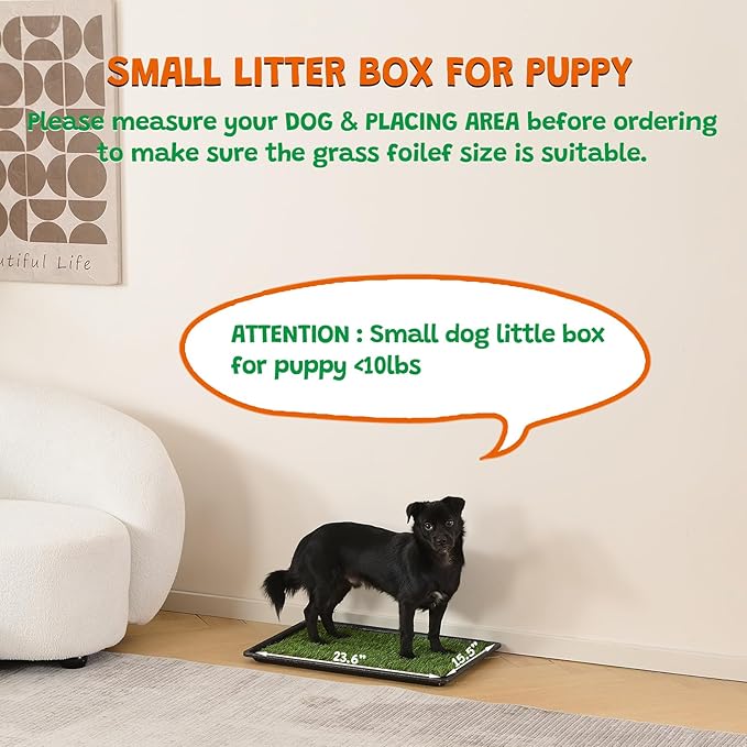 HQ4us Dog Grass Pad with Tray Small 23" x 16" Dog Litter Box Toilet for Puppy with 2×Artificial Grass for Dogs with Hemmed Edge, Pee Pads for Dogs, Realistic, Less Stink, Potty for Balcony