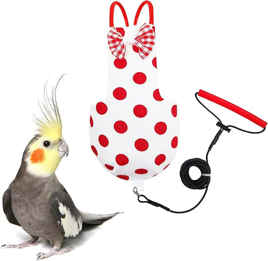 VANFAVORI Bird Diaper Harness Flight Suit Clothes with Liner 80 Inch Flying Rope Leash Extension for Birds Parrot Cockatiel Including A Cotton Pad, S Size, Polka Dots