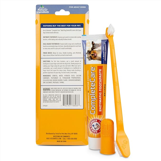 Arm & Hammer Complete Care Dog Dental Kit | 2.5 oz Chicken Flavor Enzymatic Dog Toothpaste, Toothbrush, & Finger Brush | Baking Soda Enhanced Formula for Fresh Breath and Tartar Control