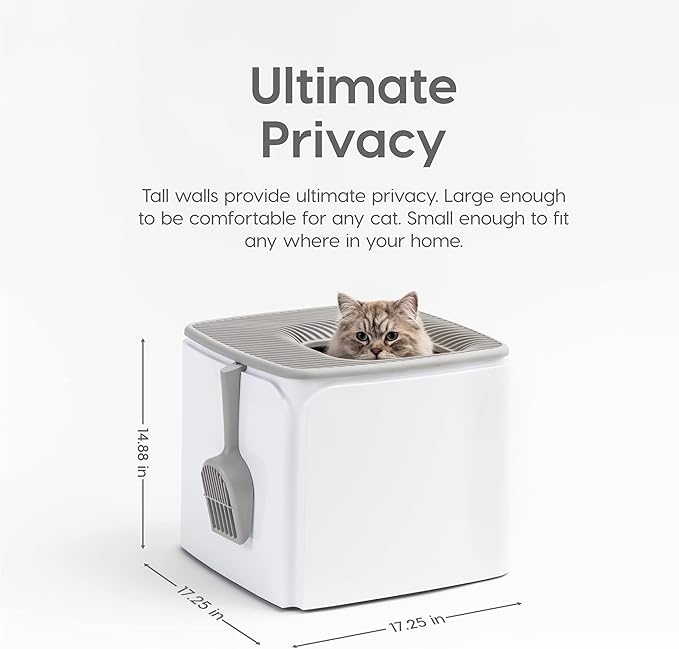 IRIS USA Premium Top Entry Cat Litter Box with Scoop, Square Cat Litter Box Enclosure, Kitty Litter Box, White/Gray