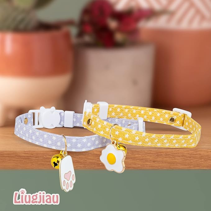 2 Pack Cotton Breakaway Cat Collars with Bell,Yellow & Purple Egg Cat Paw Pendant Cute Cat Collar Kitten Collar,Ideal for Girl Cats Boy Cats